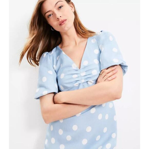 Loft Short Sleeve Linen Blend Mini Dress 6 Blue White Polka Dot 2025 Style - Picture 2 of 12